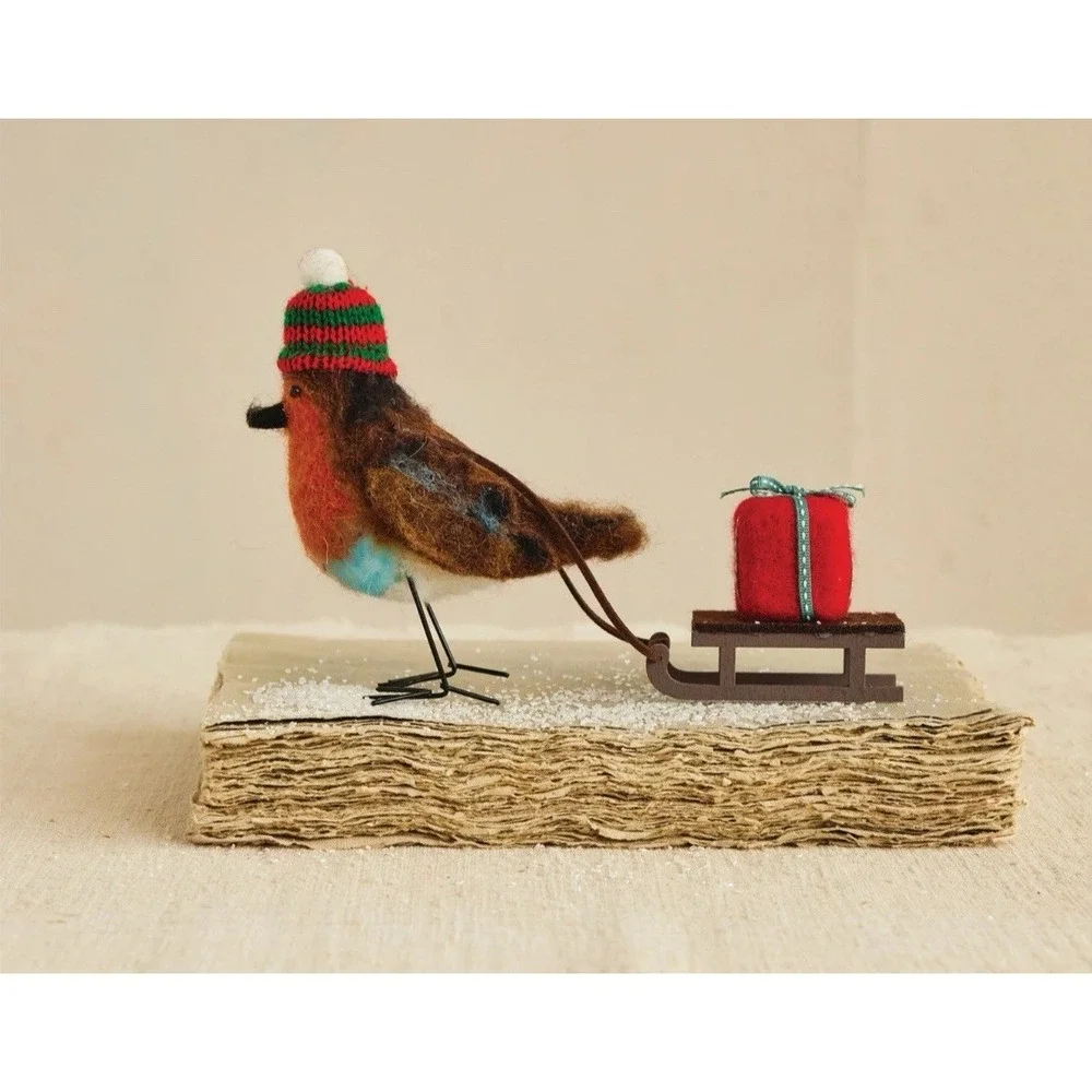 Handmade Wool Felt Robin Bird Pulling Sleigh Christmas Gift NEW 9